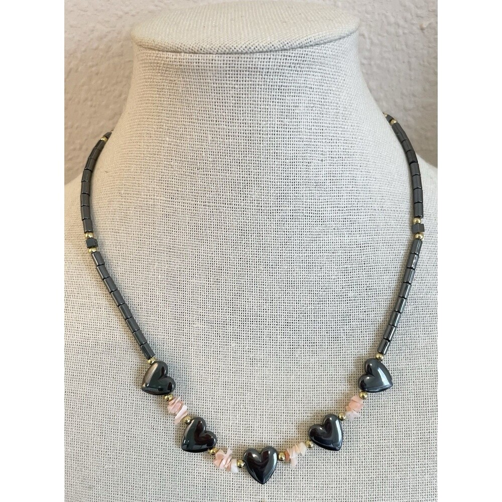 Hematite Heart Gun Metal Gray Gold Tone Beaded Pink Shell Necklace Barrel Clasp